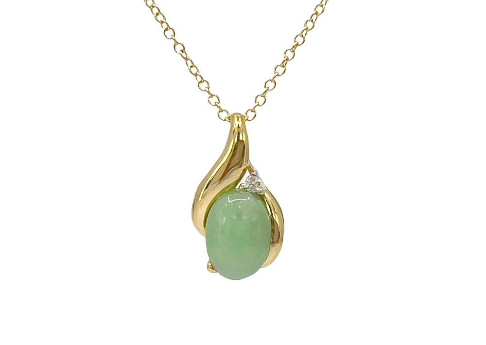 10K Yellow Gold Jade And Diamond Pendant - 18"