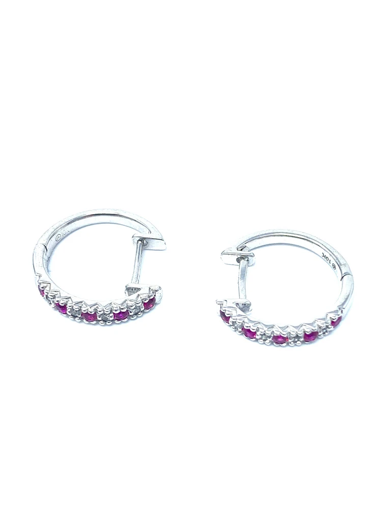 10K White Gold 0.20cttw Genuine Ruby and 0.04cttw Diamond Hoop Huggie Hinged Earrings