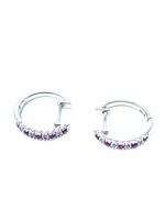 10K White Gold 0.20cttw Genuine Ruby and 0.04cttw Diamond Hoop Huggie Hinged Earrings