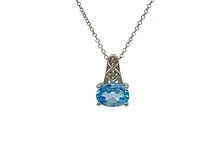 10K White Gold Blue Topaz and Diamond Pendant, 18"