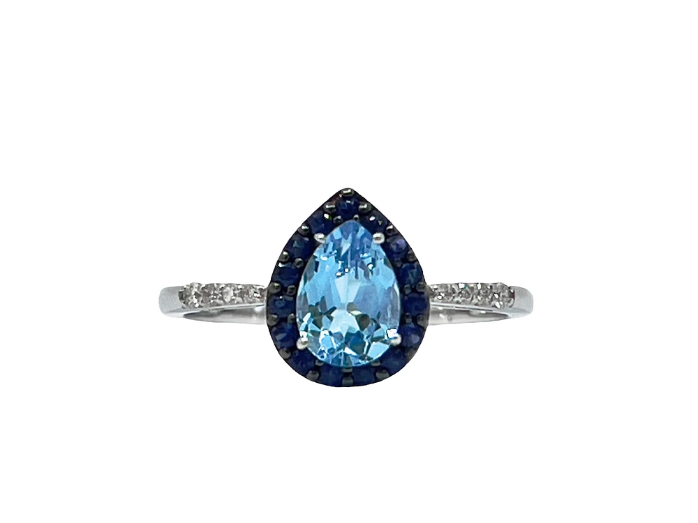 10K White Gold 7x5mm Pear Cut Sky Blue Topaz with Blue Sapphire Halo and 0.10cttw Diamond Ring - Size 7