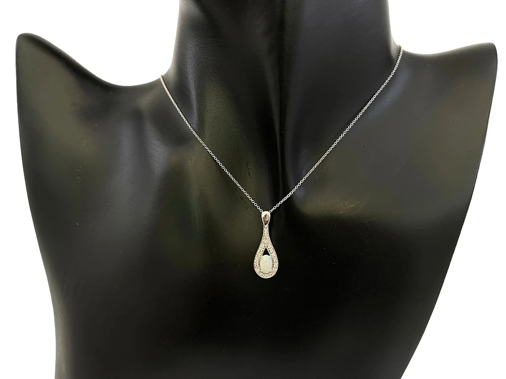 10K White Gold 6x4mm Oval Cut White Opal and 0.095cttw Diamond Pendant - 18 Inches