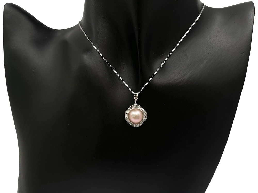 10K White Gold Pink Fresh Water Pearl and White Topaz Pendant, 18"