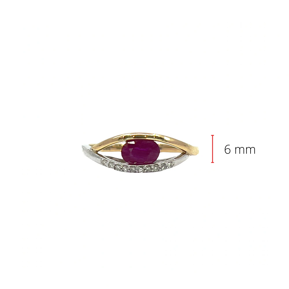 10K Two Tone Yellow and White Gold 6mm x 4mm Ruby and 0.05cttw Diamond Ring