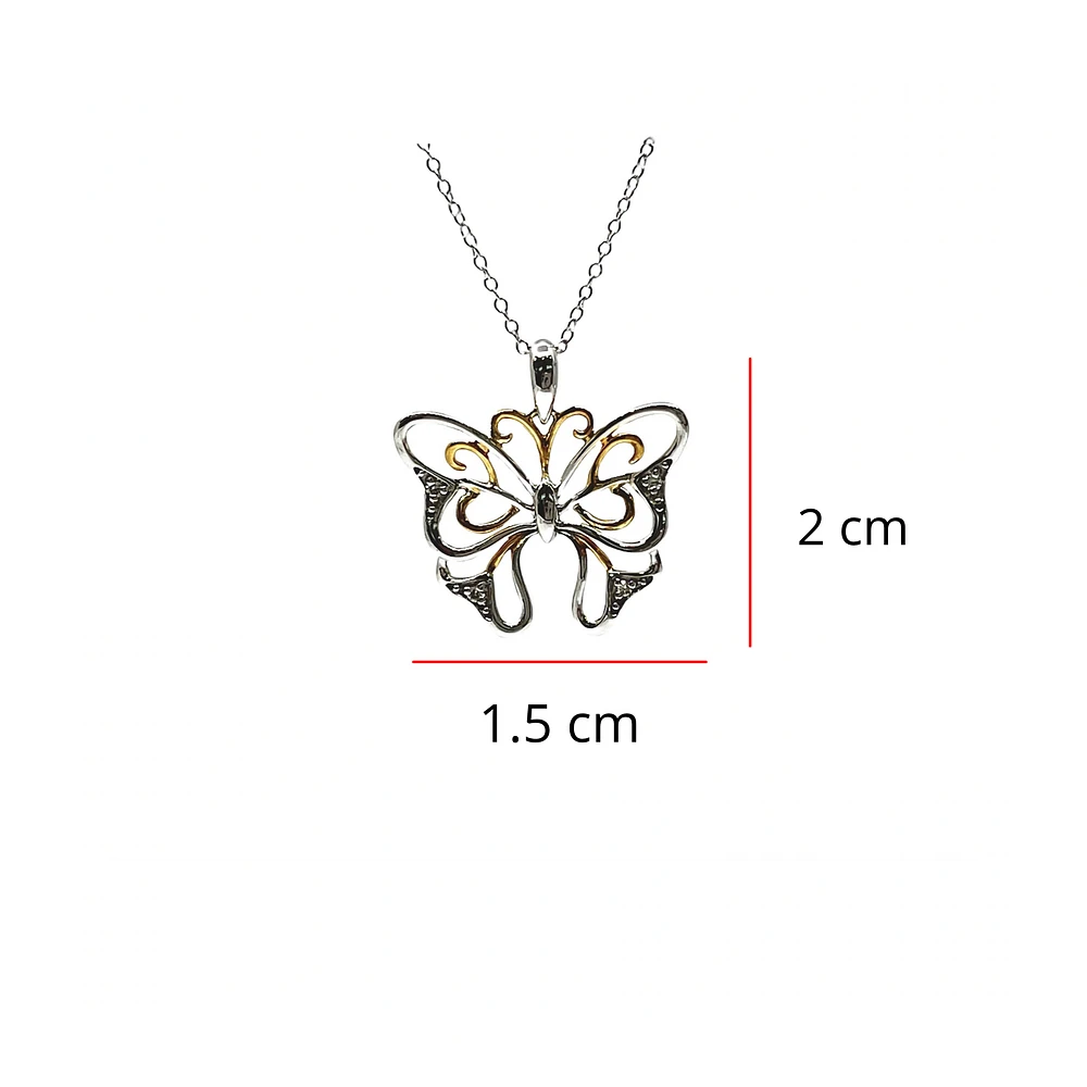 10K 2 Tone Gold 0.02cttw Diamond Butterfly Pendant, 18"