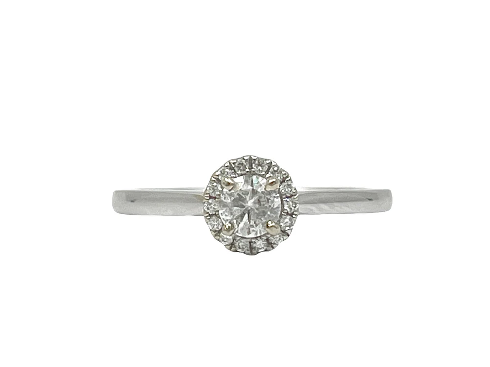 18K White Gold 0.31cttw Round Brilliant Cut Diamond Halo Engagement Ring, size 6.5