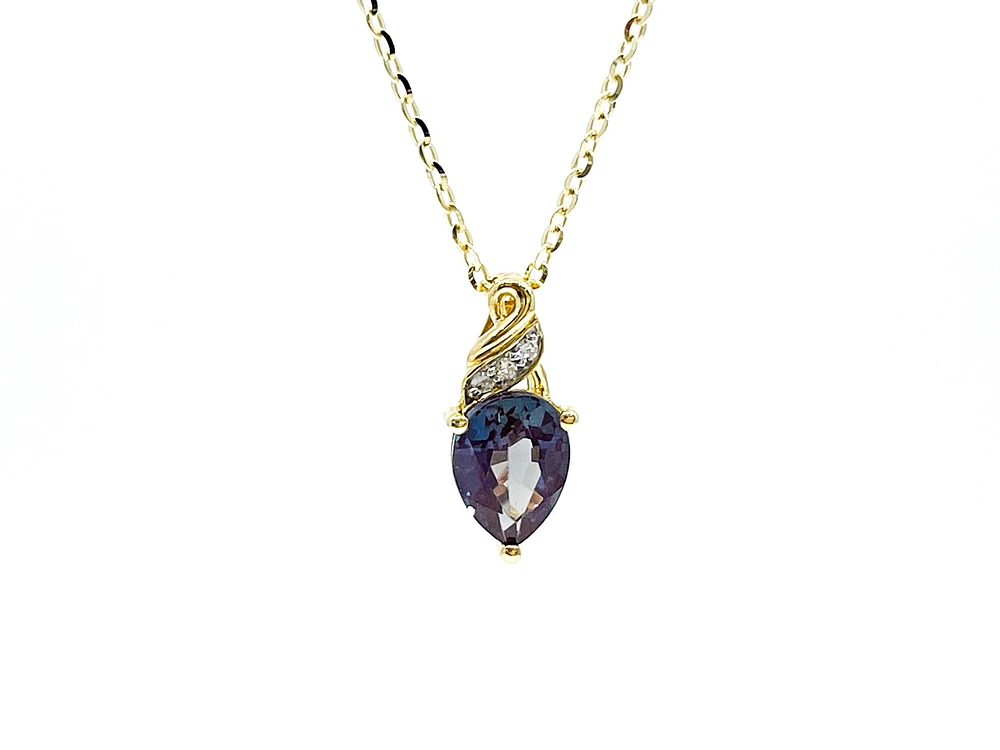 10K Yellow Gold 8x6mm Pear Cut Created Alexandrite and 0.01cttw Diamond Pendant, 18"