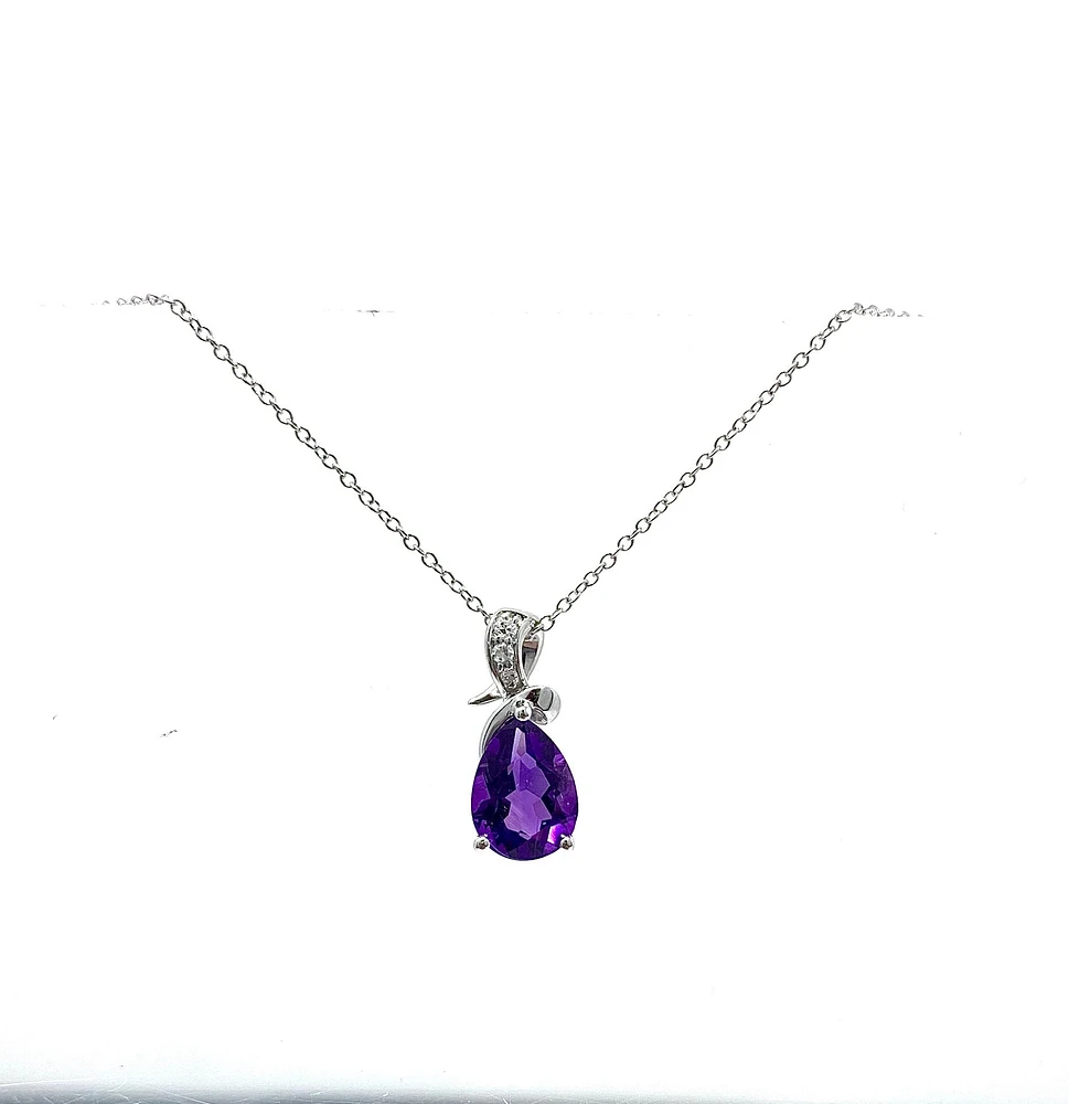 10K White Gold 8x5mm Pear Cut Amethyst & 0.022cttw Diamond Pendant, 18"