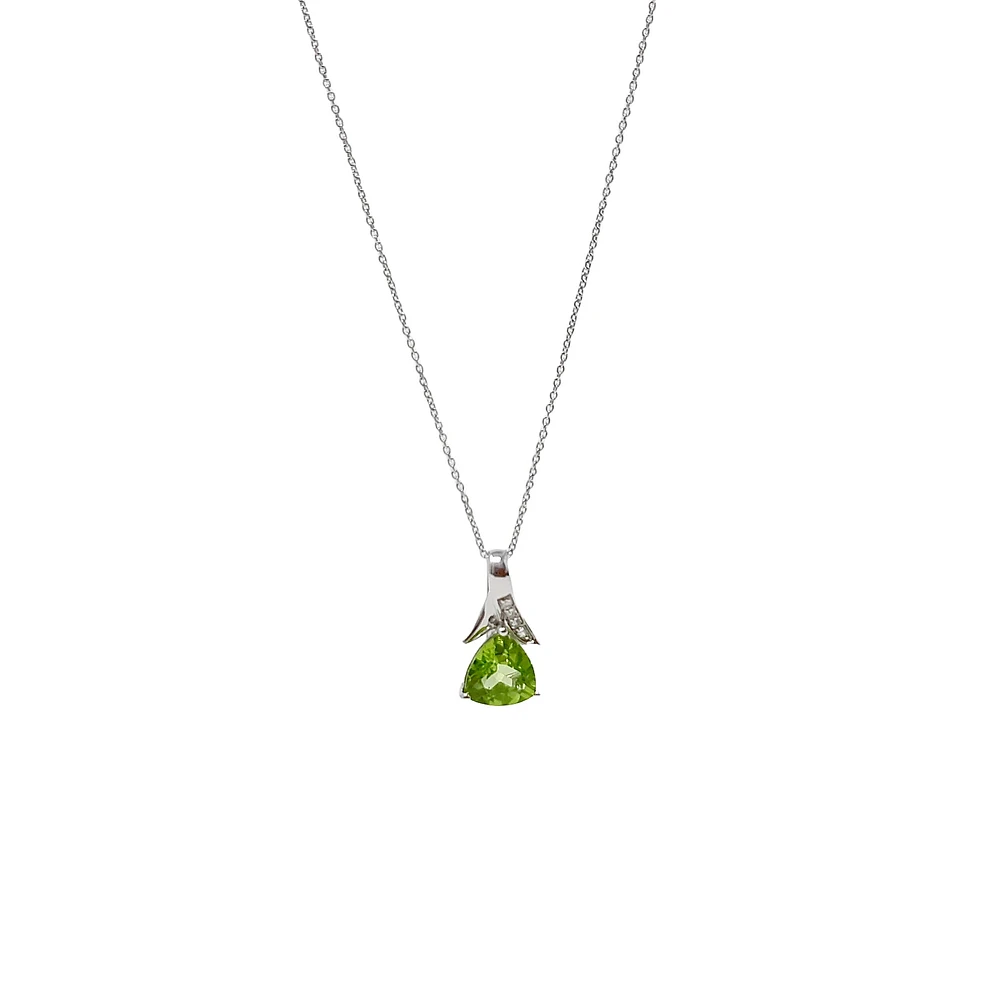 10K White Gold Peridot and Diamond Pendant, 18"