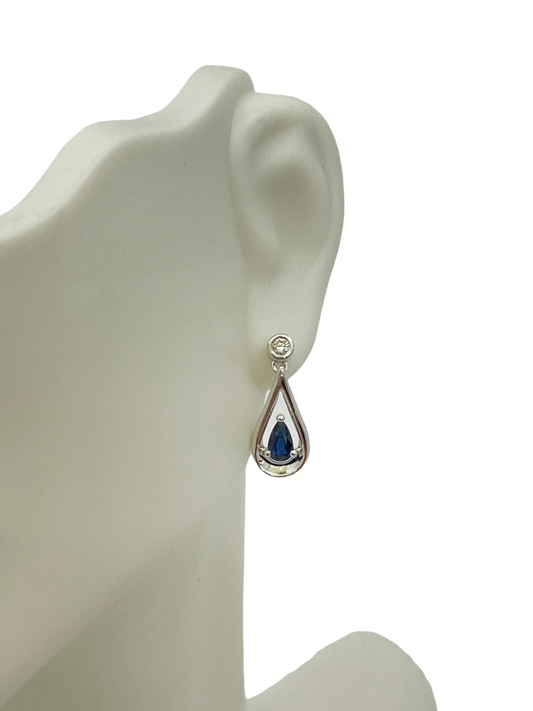 10K White Gold 0.70cttw Genuine Sapphire and 0.08cttw Diamond Dangle Earrings
