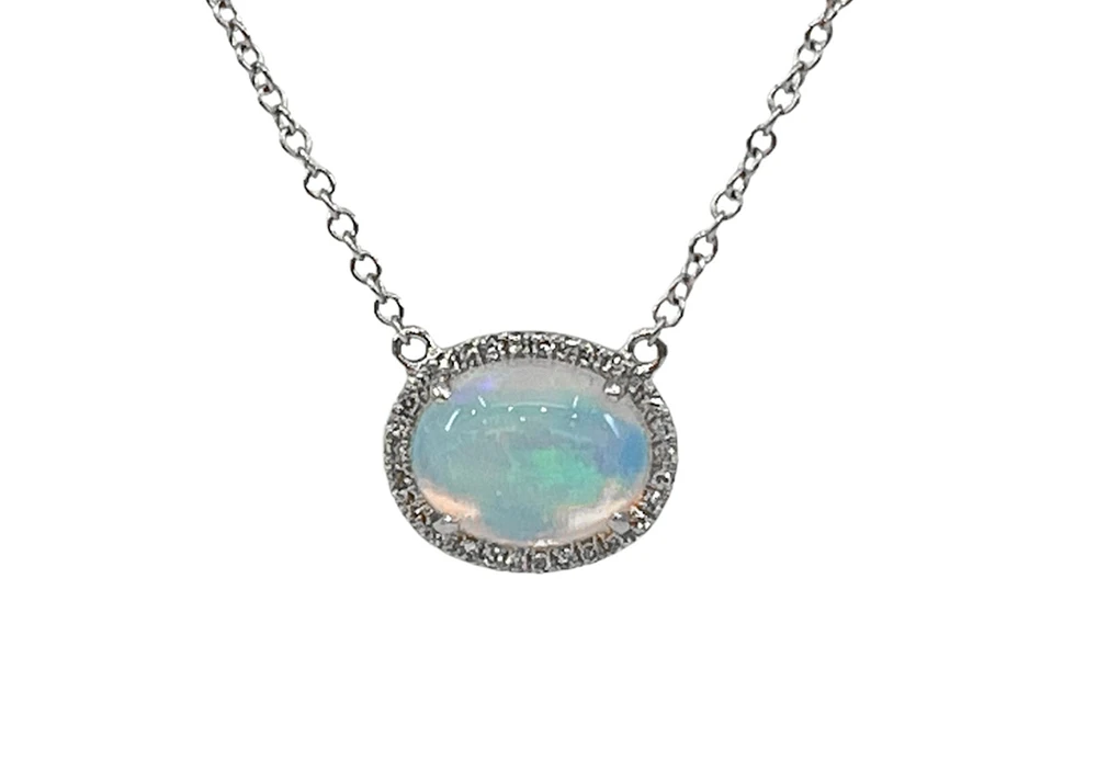 14K White Gold 1.02cttw Opal and 0.07cttw Diamond Halo Necklace, 18 Inches