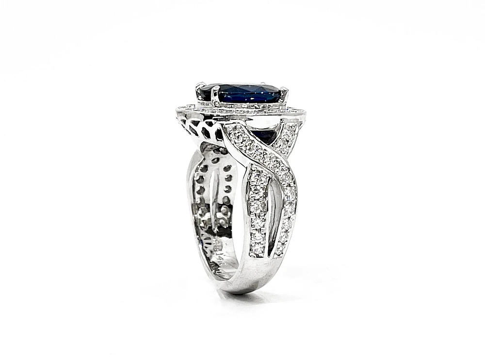 14K White Gold 3.16cttw Genuine Sapphire & 1.15cttw Diamond Ring, Size 6