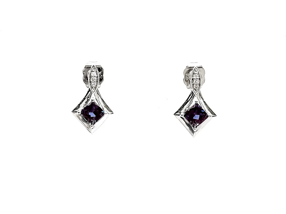 10K White Gold Created Alexandrite and 0.026cttw Diamond Earrings