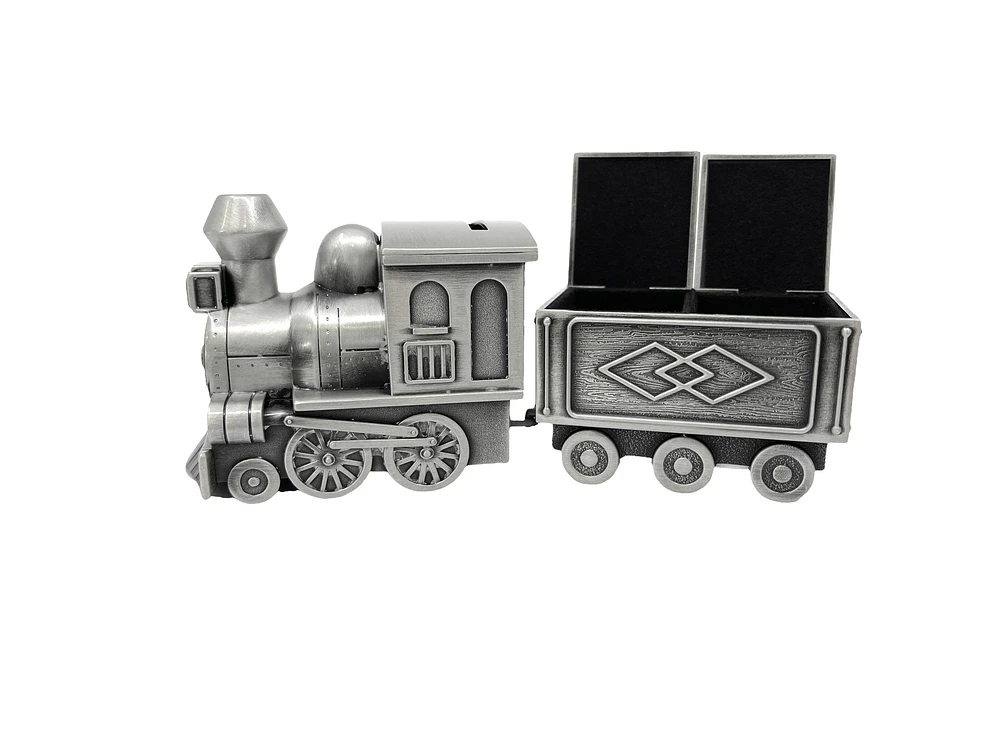 Pewter Engraveable Train Money Bank with First Curl and First Tooth Train Cars