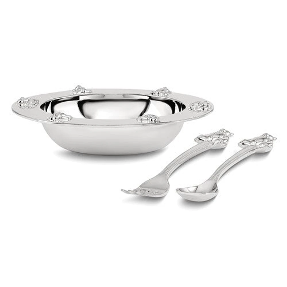 "Silver-plated Teddy Bear Bowl, Spoon, Fork Set"