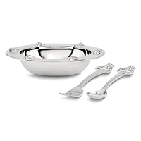 "Silver-plated Teddy Bear Bowl, Spoon, Fork Set"