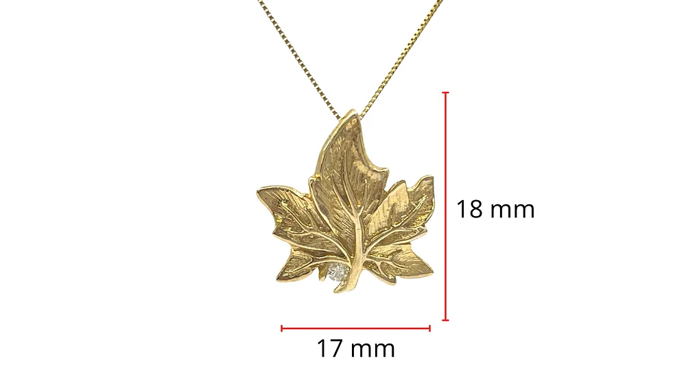 10K Yellow Gold 0.043cttw Canadian Diamond Maple Leaf Pendant, 18"
