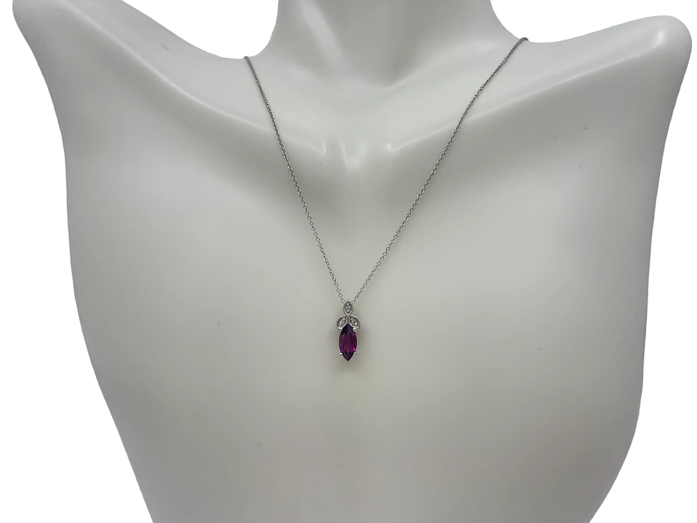 10K White Gold 8mm x 4mm Rhodalite Garnet and 0.02cttw Diamond Pendant with Rolo Chain - 18 Inches