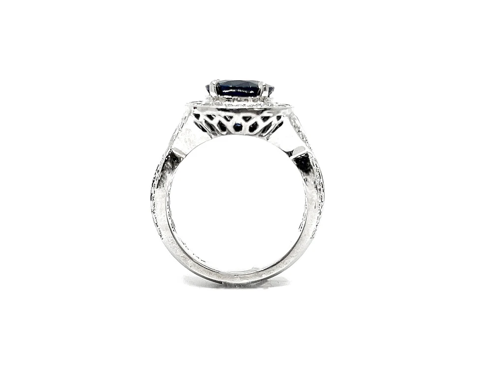 14K White Gold 3.16cttw Genuine Sapphire & 1.15cttw Diamond Ring, Size 6