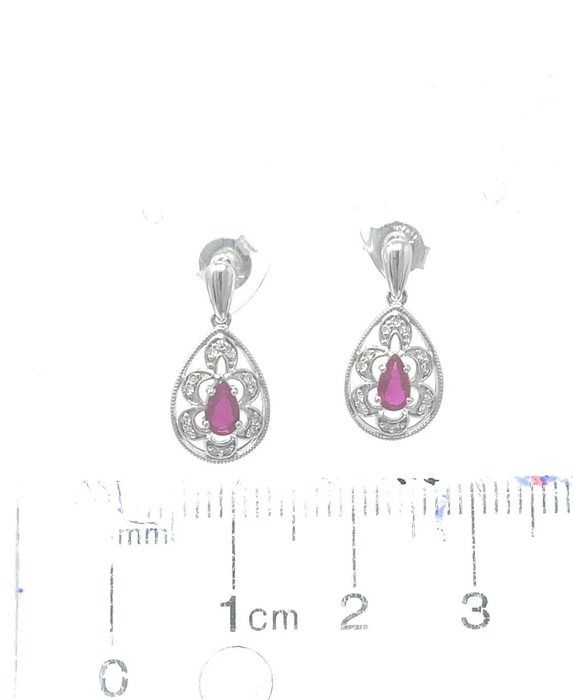 10K White Gold 0.55cttw Genuine Ruby and 0.11cttw Diamond Earrings