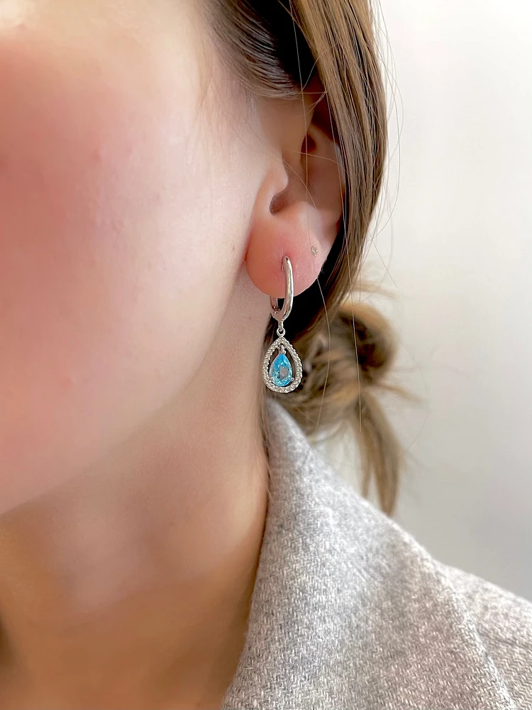 10K White Gold Genuine Blue Topaz & Diamond Earrings