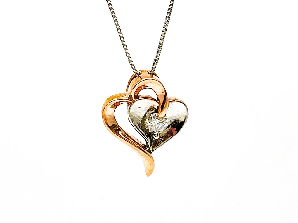 10K Rose Gold & White Gold 0.096cttw Canadian Diamond Heart Pendant, 18"