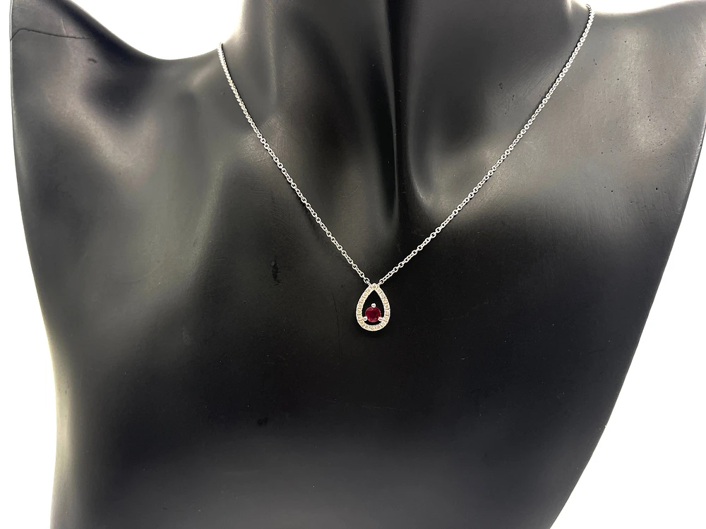 14K White Gold 0.23cttw Genuine Ruby with 0.13cttw Diamond Necklace - 16 Inches