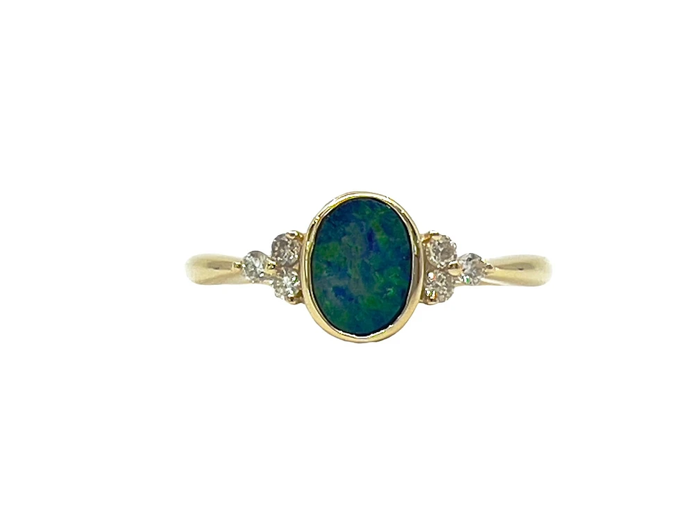 10K Yellow Gold 0.75cttw Genuine Australian Doublet Opal and 0.13cttw Diamond Ring, size 7