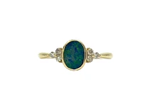 10K Yellow Gold 0.75cttw Genuine Australian Doublet Opal and 0.13cttw Diamond Ring, size 7