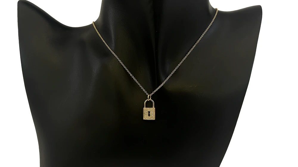 14K Yellow Gold 0.12cttw Diamond Lock Pendant, 18"