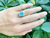14K White Gold Genuine Blue Topaz and Diamond Ring, size 6.5