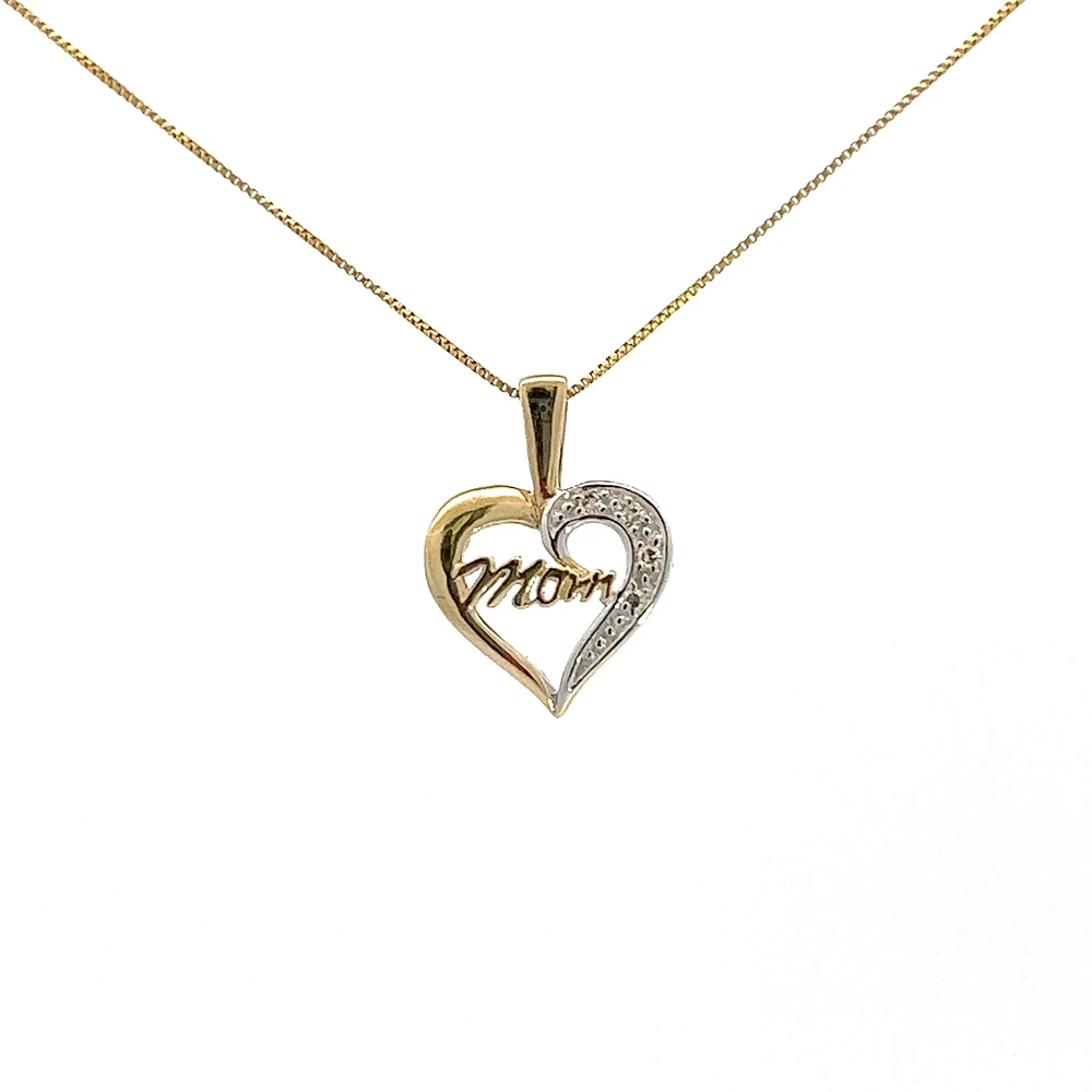 10K Yellow Gold 0.02 cttw Diamond "Mom" Heart Pendant, 18"