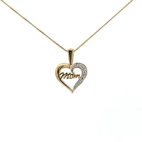 10K Yellow Gold 0.02 cttw Diamond "Mom" Heart Pendant, 18"