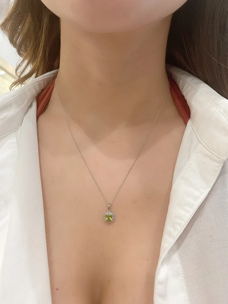 10K White Gold 5mm Cushion Cut Peridot & 0.02cttw Diamond Pendant, 18"