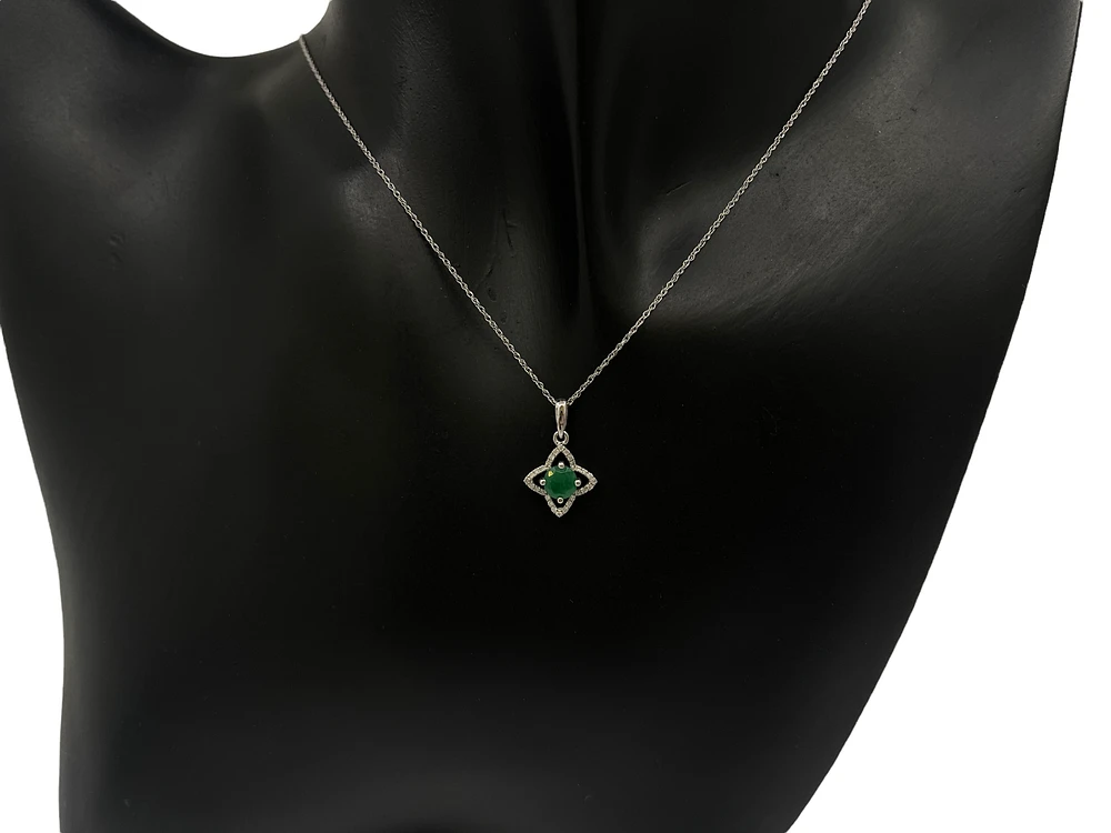 10/14K White Gold Emerald and Diamond Pendant, 18"