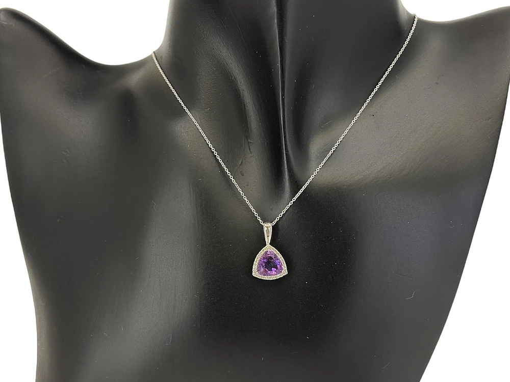10K White Gold 1.62cttw Genuine Amethyst and 0.135cttw Diamond Pendant, 18"
