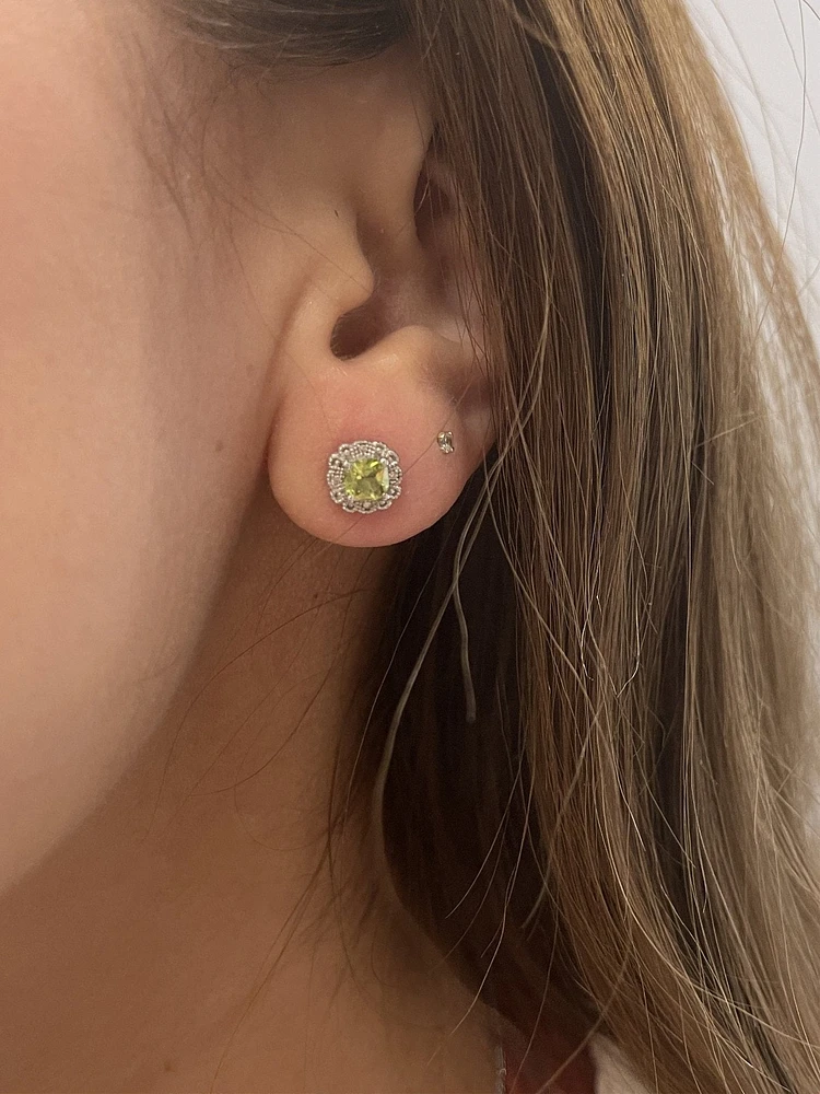 10K White Gold 1.00cttw Genuine Peridot and 0.03cttw Diamond Halo Earrings
