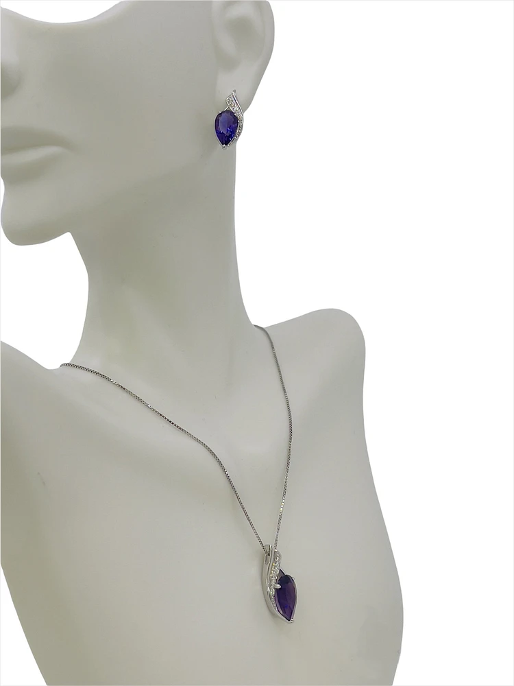 10K White Gold 10 x 6mm Genuine Amethyst and 0.07cttw Diamond Earrings
