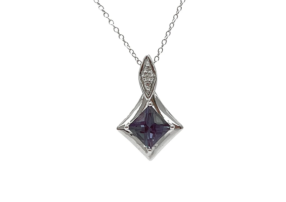 10K White Gold 0.85cttw Created Alexandrite & 0.015cttw Diamond Pendant, 17"