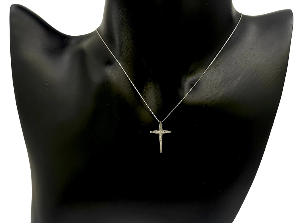 10K White Gold 0.022cttw Diamond Cross Pendant, 18"