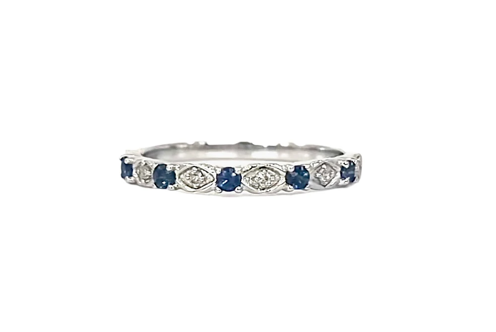10K White Gold Round Cut Sapphire and 0.05cttw Diamond Stack Ring - Size 7