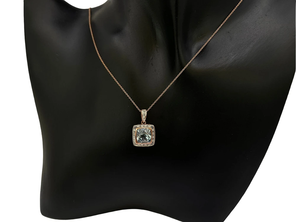 10K Rose Gold 8mm Cushion Cut Blue Topaz and 0.063cttw Diamond Pendant, 18"