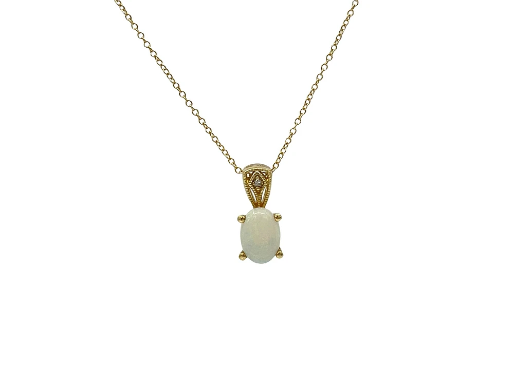 10K Yellow Gold Opal and Diamond Pendant, 18"