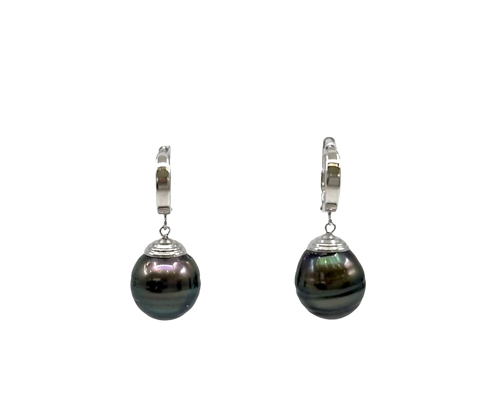 14K Gold Tahitian Pearl Dangle Earrings with Hoop Closure