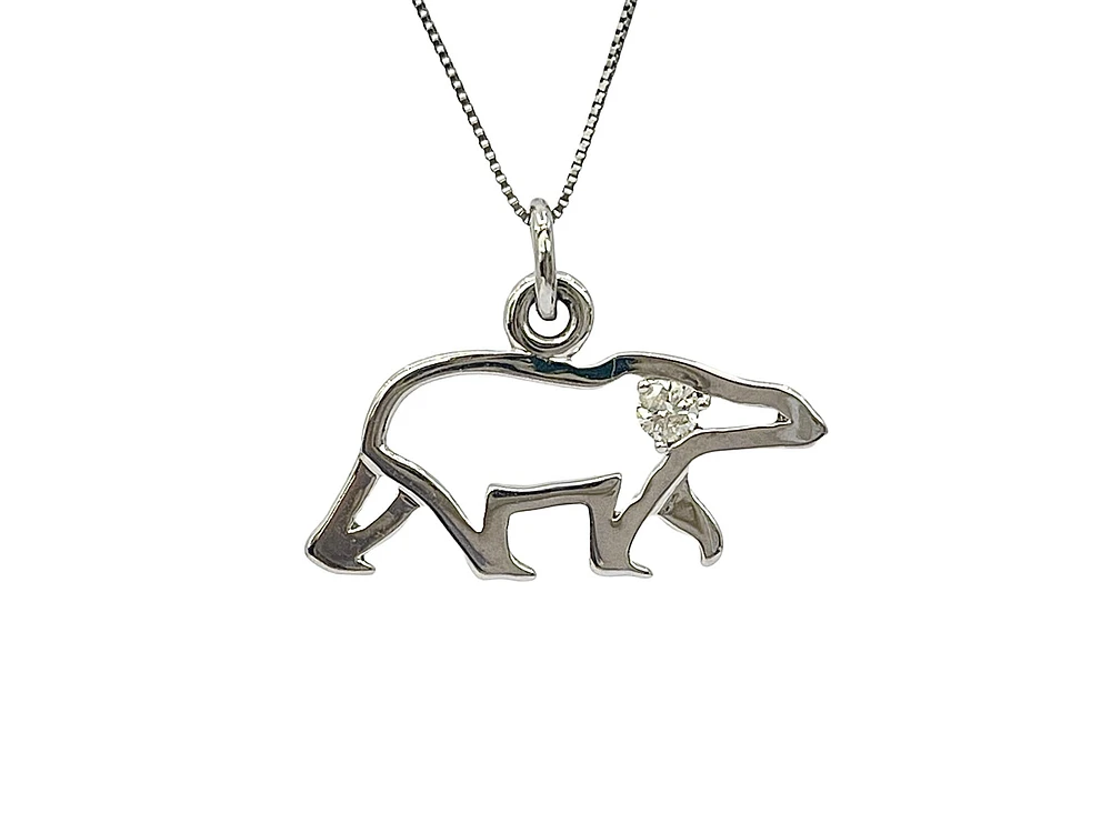 10K White Gold 0.067cttw Canadian Diamond Polar Bear Pendant, 18"