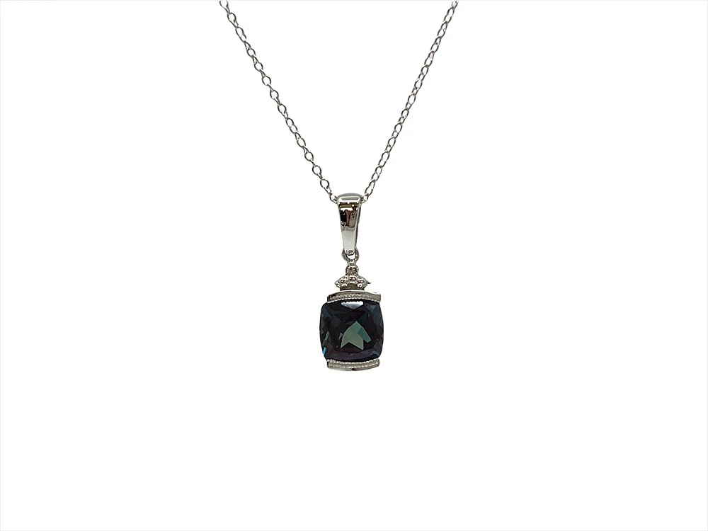 10K White Gold 6mm Cushion Cut Created Alexandrite & 0.007cttw Diamond Pendant, 17"