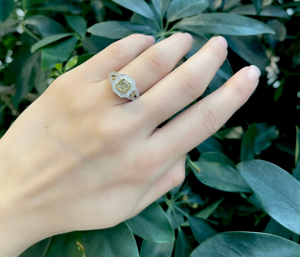 18K White & Yellow Gold 1.10Cttw Fancy Diamond Radiant Cut Engagement Ring