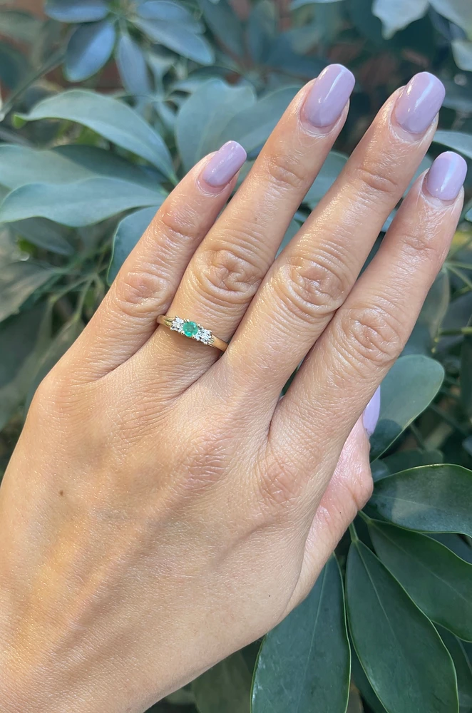 10K Yellow Gold Emerald and Diamond 3 Stone Ring - Size 6
