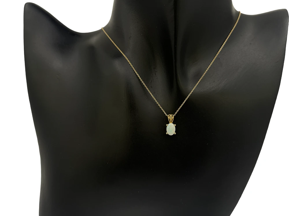 10K Yellow Gold Opal and Diamond Pendant, 18"