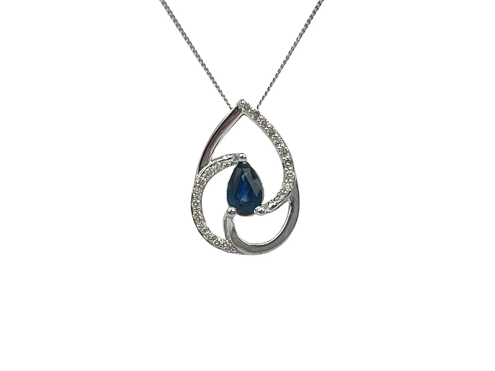 10K White Gold 0.60cttw Genuine Sapphire & 0.10cttw Diamond Pendant, 18"